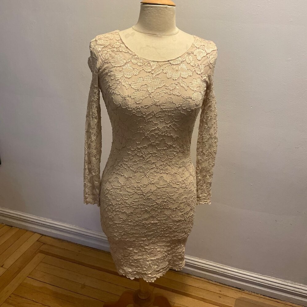 Vintage Night Wear Collections long sleeve illusion lace mini dress in champagne